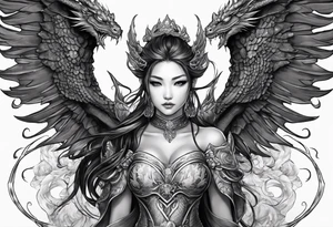 beautiful warrior nymph with large wings coming out of her back and a dragon friend tattoo idea