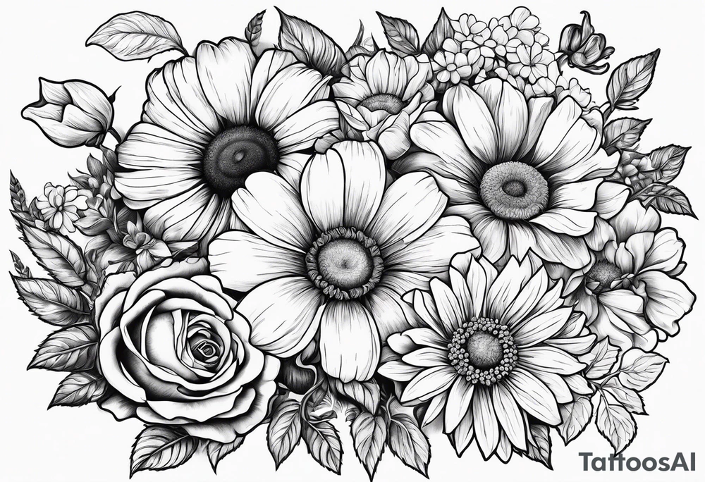 Roses, marigolds, cosmos, daisies, sweet peas and sunflowers vines tattoo idea