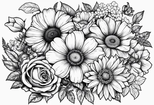 Roses, marigolds, cosmos, daisies, sweet peas and sunflowers vines tattoo idea