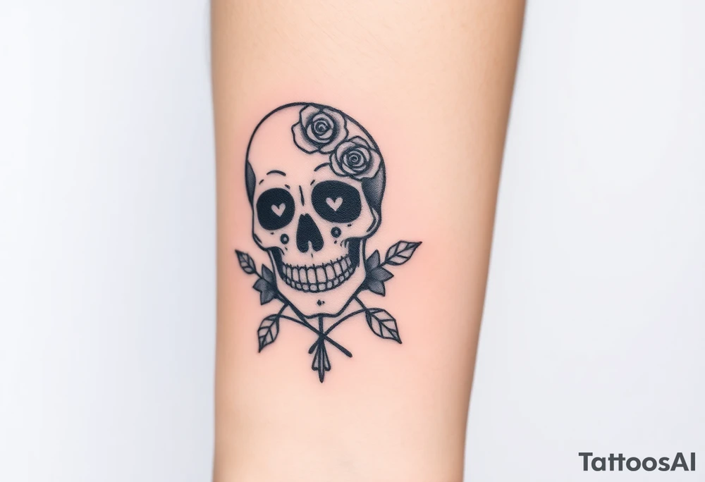 day of the dead skull with hearts and roses tattoo idea
