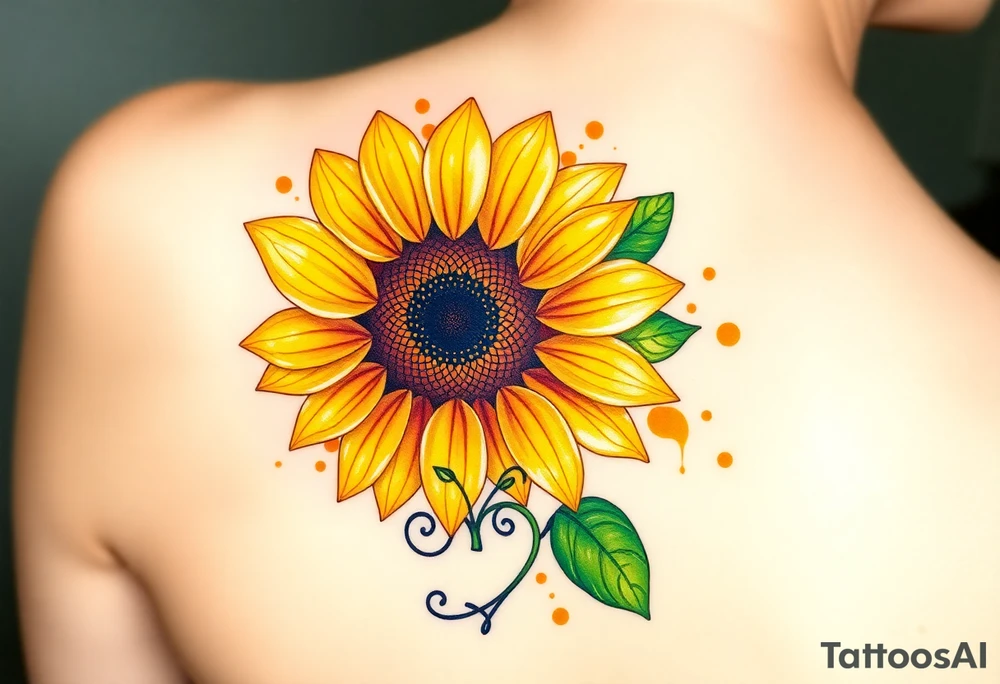 A beautifully detailed sunflower tattoo, with golden-yellow petals that transition into soft amber at the tips, symbolizing warmth, devotion, and unwavering affection. The rich brown center is intricately textured, capturing the natural depth of sunflower seeds. Surrounding the flower are delicate green leaves with subtle veins, adding a touch of realism. A thin, swirling vine wraps around the stem, seamlessly forming a heart shape, representing eternal love. Soft watercolor splashes in warm orange and honey tones radiate outward, giving the design a glowing, sun-kissed effect. tattoo idea