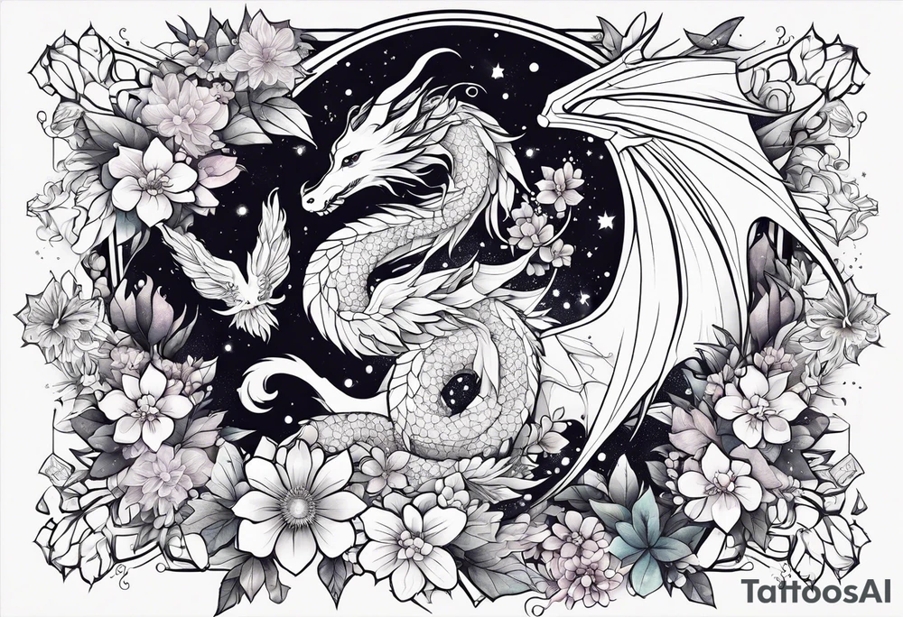 Constellation, wing , snow , cross , dragon female japan kawaii , flower tattoo idea