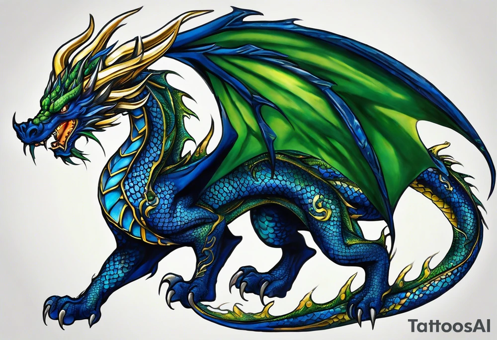 An epic dragon, its body coiling dynamically, with scales and horns detailed to create a sense of movement and strength. The dragon's main color is dark blue but features accents in green, blue, and gold, giving a vibrant depth and a mystical aura. This tattoo highlights the dragon’s fierce expression and sharp claws as it wraps protectively around the leg. It doesn't have wings. Style: Realism tattoo idea