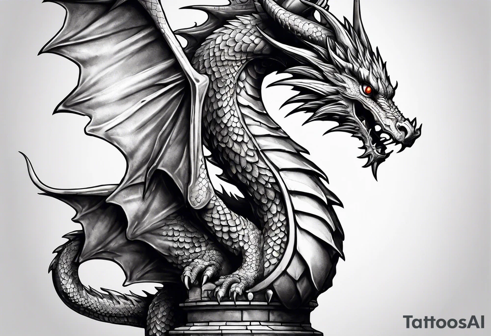 Small Dragon after a war, standing on two broken roman columns with his back to us tattoo idea