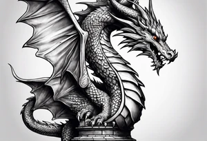 Small Dragon after a war, standing on two broken roman columns with his back to us tattoo idea