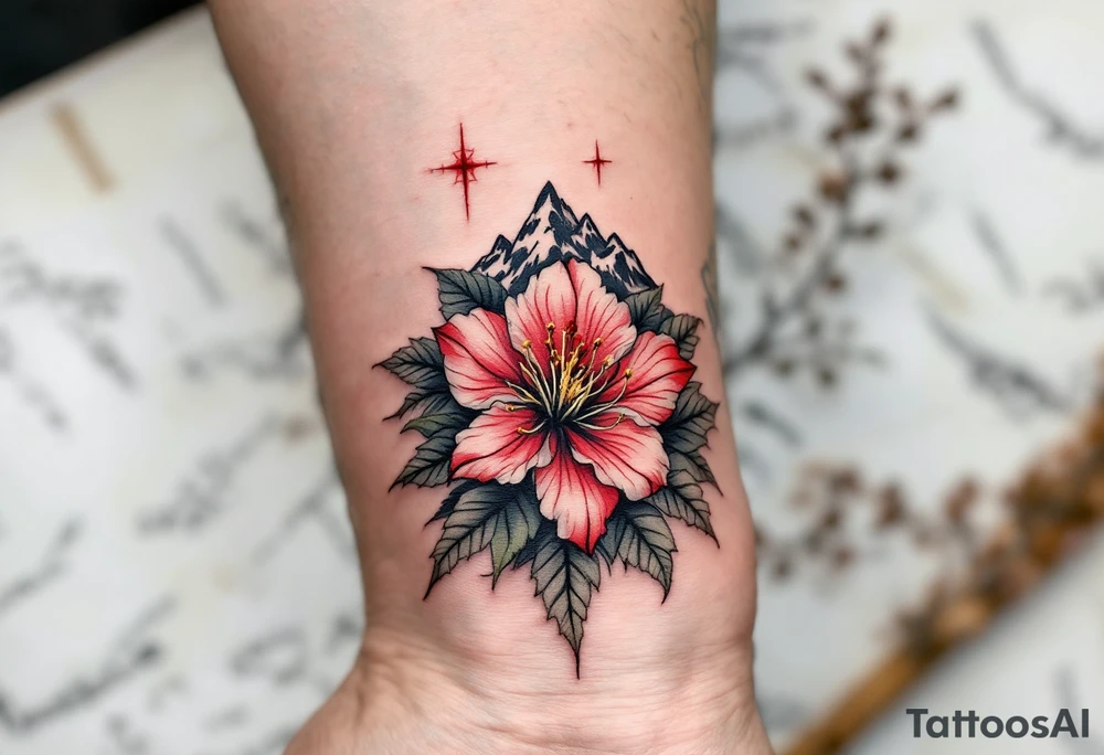 vertical wrist size red  and black rhododendron trippy with Himalayas behind tattoo idea