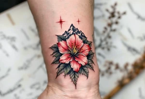 vertical wrist size red  and black rhododendron trippy with Himalayas behind tattoo idea