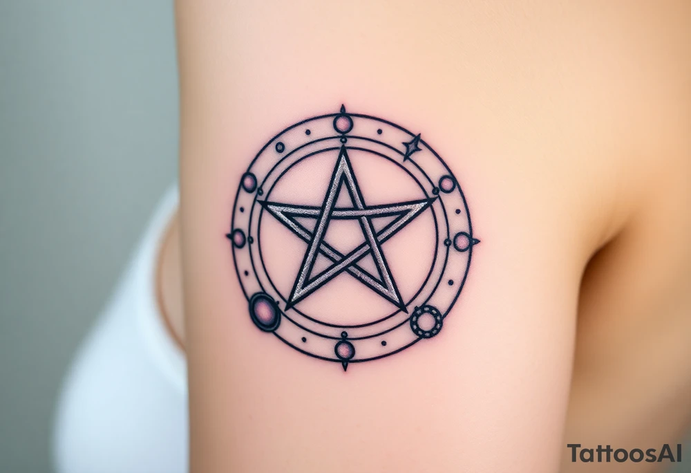 A silver pentagram surrounded by planetary orbits, each planet glowing in soft celestial hues. tattoo idea