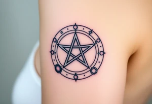 A silver pentagram surrounded by planetary orbits, each planet glowing in soft celestial hues. tattoo idea