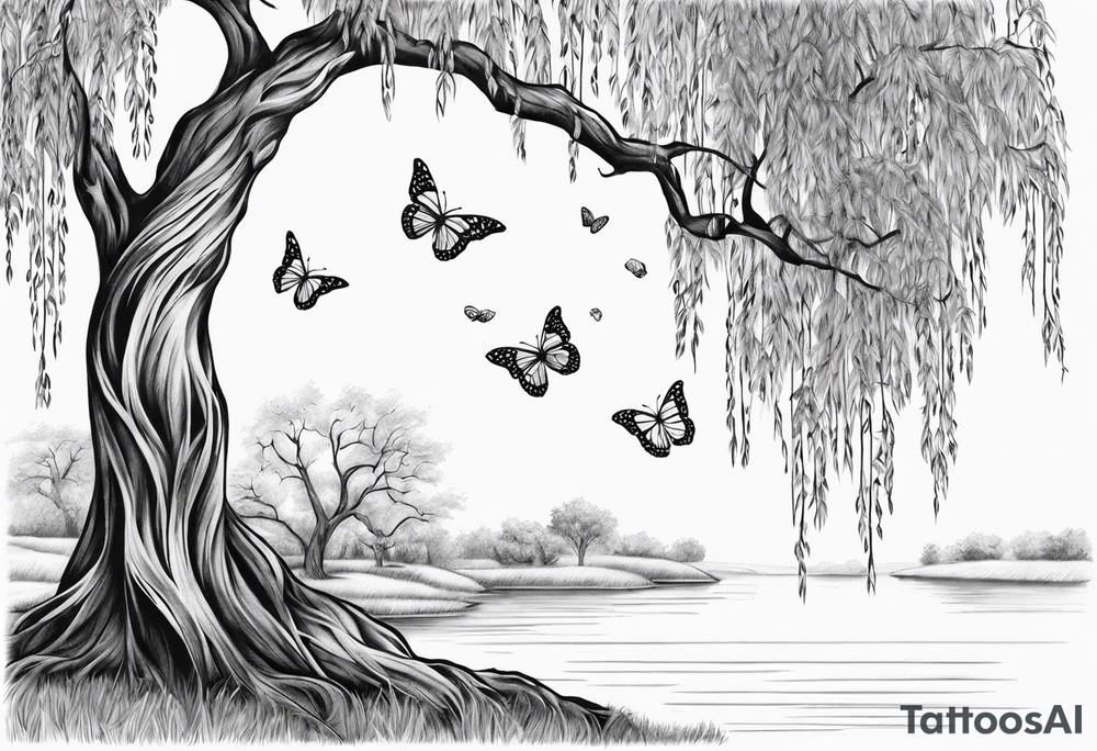 Weeping willow tree with butterflies tattoo idea