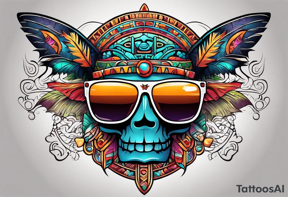 Colorful Mayan hieroglyph wearing sunglasses with bats and water tattoo idea