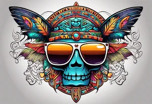 Colorful Mayan hieroglyph wearing sunglasses with bats and water tattoo idea