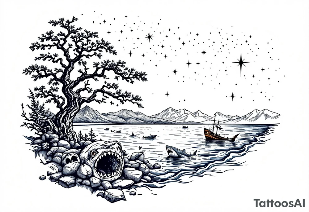 tattoo that has an acacia tree with mountains, ocean with a ship wreck with sharks and the northern star tattoo idea