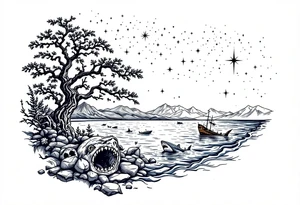 tattoo that has an acacia tree with mountains, ocean with a ship wreck with sharks and the northern star tattoo idea