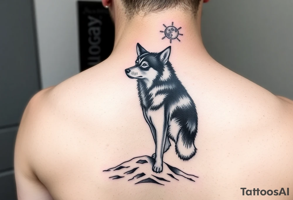 smALL HUSKY LOOKING AT A TRIBAL MOON STANDONG IN THE SAND IN THE SEA WITH THE CONSTALATION OF SAGITARIUS tattoo idea