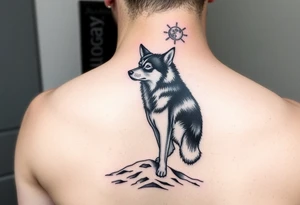 smALL HUSKY LOOKING AT A TRIBAL MOON STANDONG IN THE SAND IN THE SEA WITH THE CONSTALATION OF SAGITARIUS tattoo idea