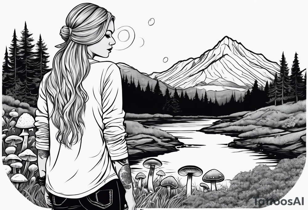 Whole picture encircled fully

Straight long blonde hair hippie girl in distance holding mushrooms in hand facing away toward mountains and creek surrounded by mushrooms long sleeve shirt and hiking pants; whole rendering within a full circle, no cut off circle tattoo idea
