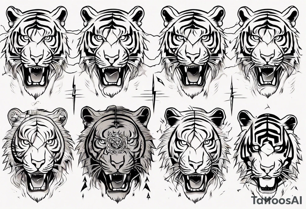 Ancient tiger with lightning and a sun for a forearm sleeve. With patterns surrounding it tattoo idea