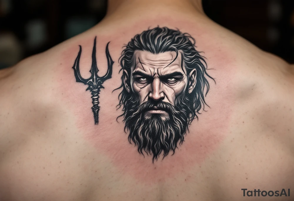 fit poseidon, behind a trident, looking at his nose tattoo idea
