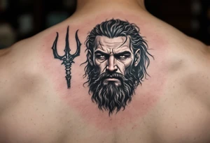 fit poseidon, behind a trident, looking at his nose tattoo idea