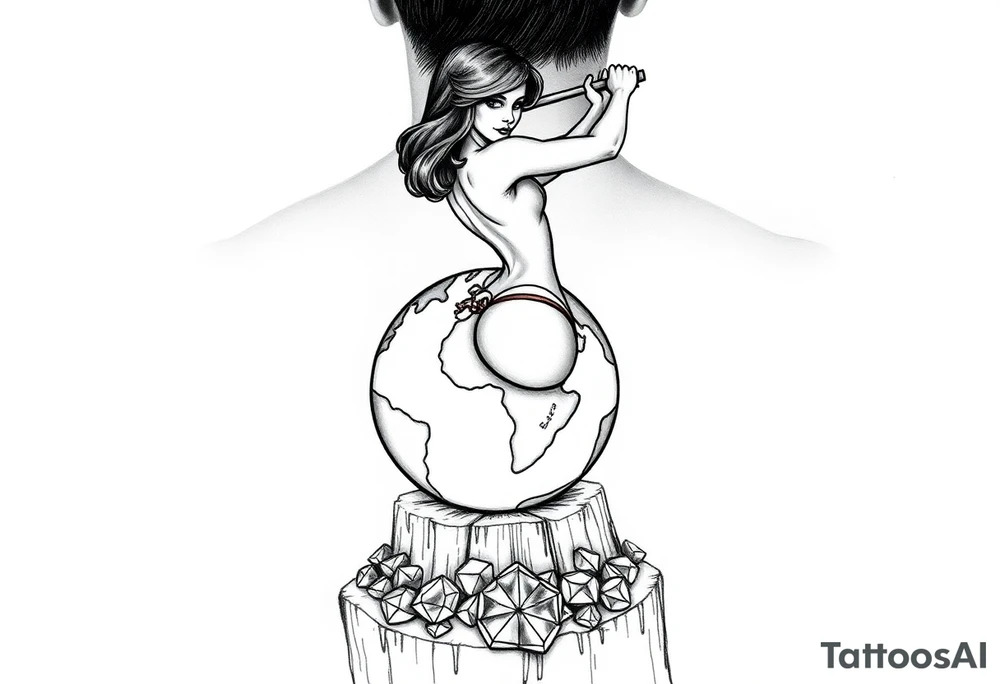 a pin up girl that is naked with breasts exposed so in view and has very large breasts wearing a g string thong. the pin up girl is swinging an ax onto a earth globe. the earth globe is half the diameter of the top of the tree stump, the earth globe is located on top of a tree stump, there is a pile of diamonds below the tree stump. the idea is that this pin up girl if very attractive. the idea is that this pin up girl crushing a small version of the earth and creating a diamond with the pressure. tattoo idea