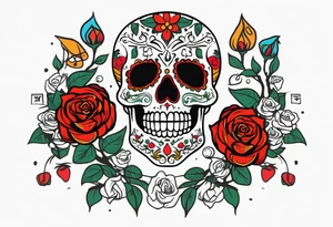 dia de los muertos skulls with money roses with the name CORREA tattoo idea