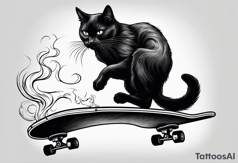 A black cat doing a kickflip on a Skateboard while smoking a joint. tattoo idea