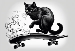 A black cat doing a kickflip on a Skateboard while smoking a joint. tattoo idea