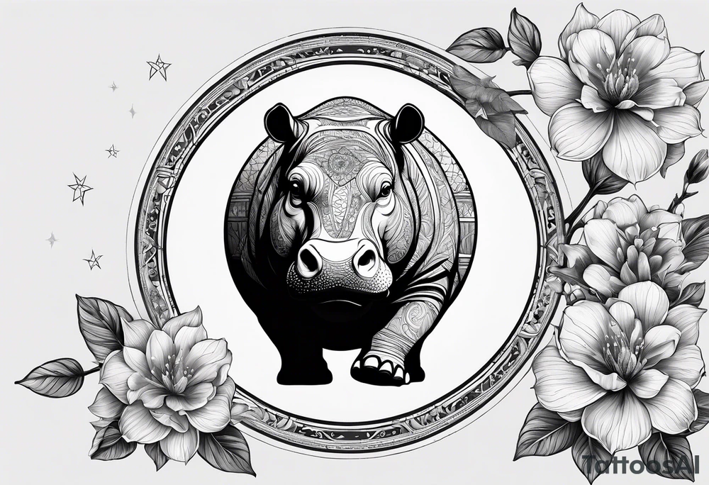 Very asymmetrical, +geometric pattern, with realistic full moon, with seeious looking hippo,,
with wintersweet flower bud, +portrait orientation, +inkart touch, tattoo idea