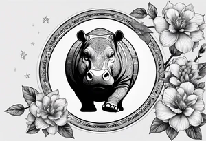 Very asymmetrical, +geometric pattern, with realistic full moon, with seeious looking hippo,,
with wintersweet flower bud, +portrait orientation, +inkart touch, tattoo idea