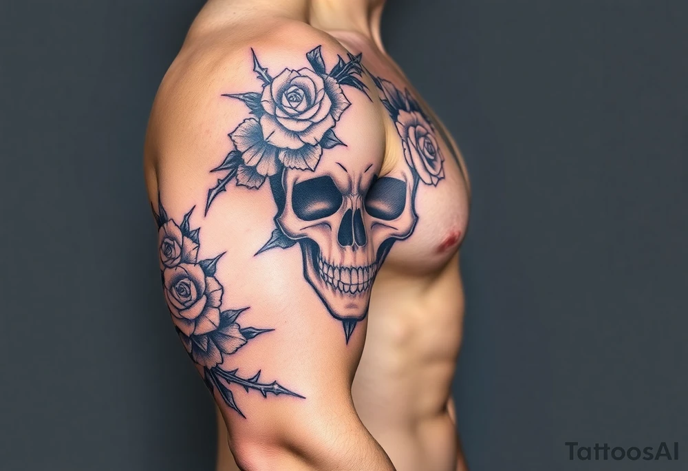 ornate skull adorned with crown of wild roses and thorns tattoo idea