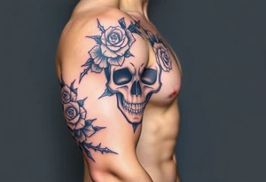 ornate skull adorned with crown of wild roses and thorns tattoo idea