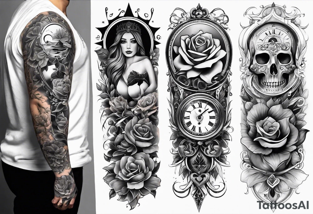 sleeve tattoo to contain the symbols family , love, health, time, money , happines tattoo idea