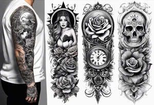 sleeve tattoo to contain the symbols family , love, health, time, money , happines tattoo idea