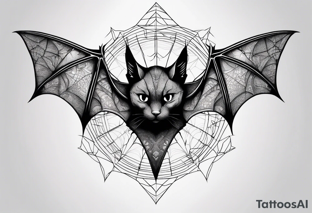 Bat, cat Head, upside down, wings made of spider web, wings wide open tattoo idea