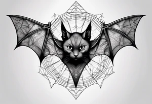 Bat, cat Head, upside down, wings made of spider web, wings wide open tattoo idea