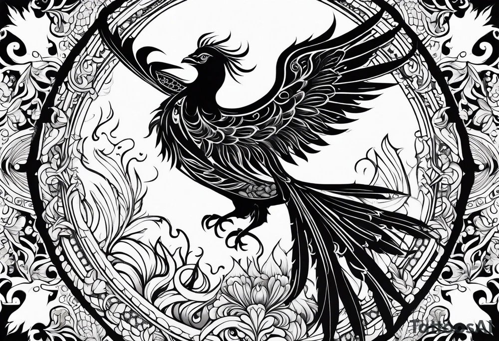 Tribal bohemian feminine impowering Phoenix rising with smoke, mandala sun, floral, lace background tattoo idea