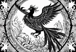 Tribal bohemian feminine impowering Phoenix rising with smoke, mandala sun, floral, lace background tattoo idea