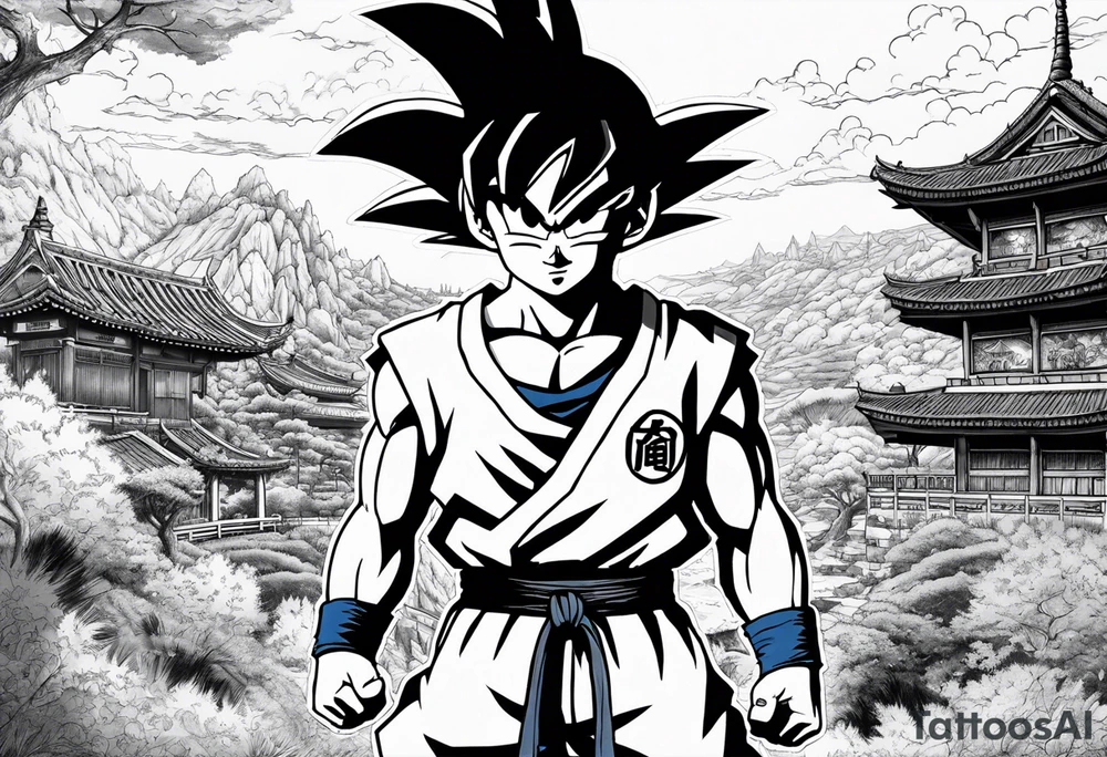 Son-Goku as a child in the foreground and an older version of him as a super saiyajin behind him. A huge dragonball surrounds the whole scenery. Fokus friends are surrounding him as shadows tattoo idea