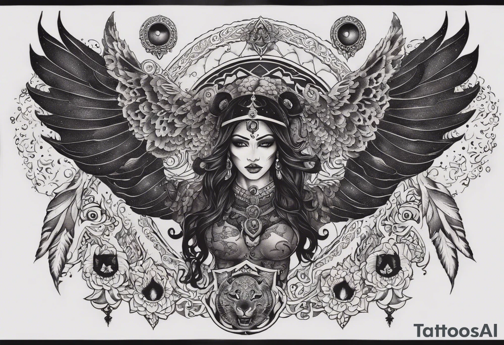 black kali, goddess pirate, alien, angel, pachamama, valkrye, warrior, flying, skull, lotus azul, wing, eagle, zenza resonance, stars, 5D, anahata chakra, death, durga, riding on a tiger, flying lady, kundalini, chest tatoo tattoo idea