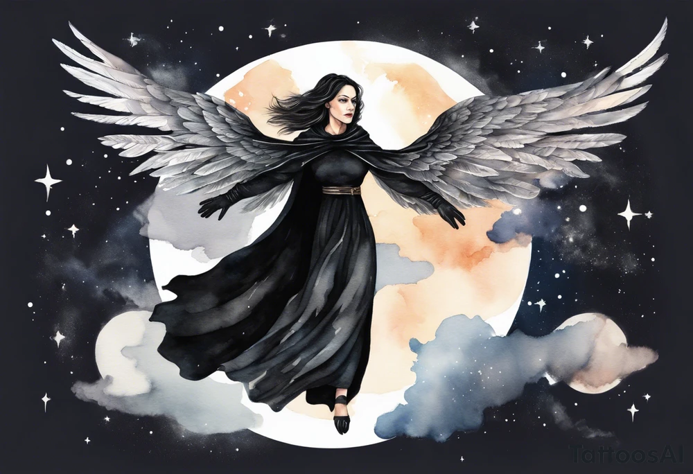 a beautiful 45 year old woman flying in the night sky with black wings, wearing a black cloak and black gloves, bare feet tattoo idea