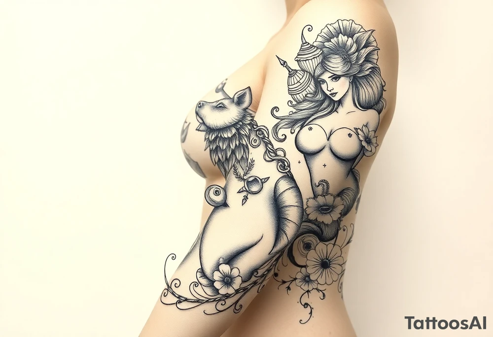 Storm clouds, pig, peacock , fat sexy naked fat woman, cupcakes, noose , money, goat, lion, couple having sex, cigerette storm lightening, killing, darkness tattoo idea