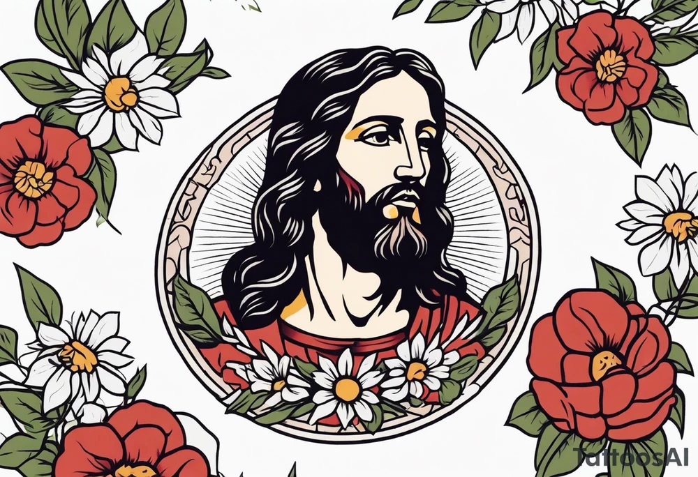 jesus
old school vintage simple traditional design with vintage flowers surrounding
bold color simple tattoo idea