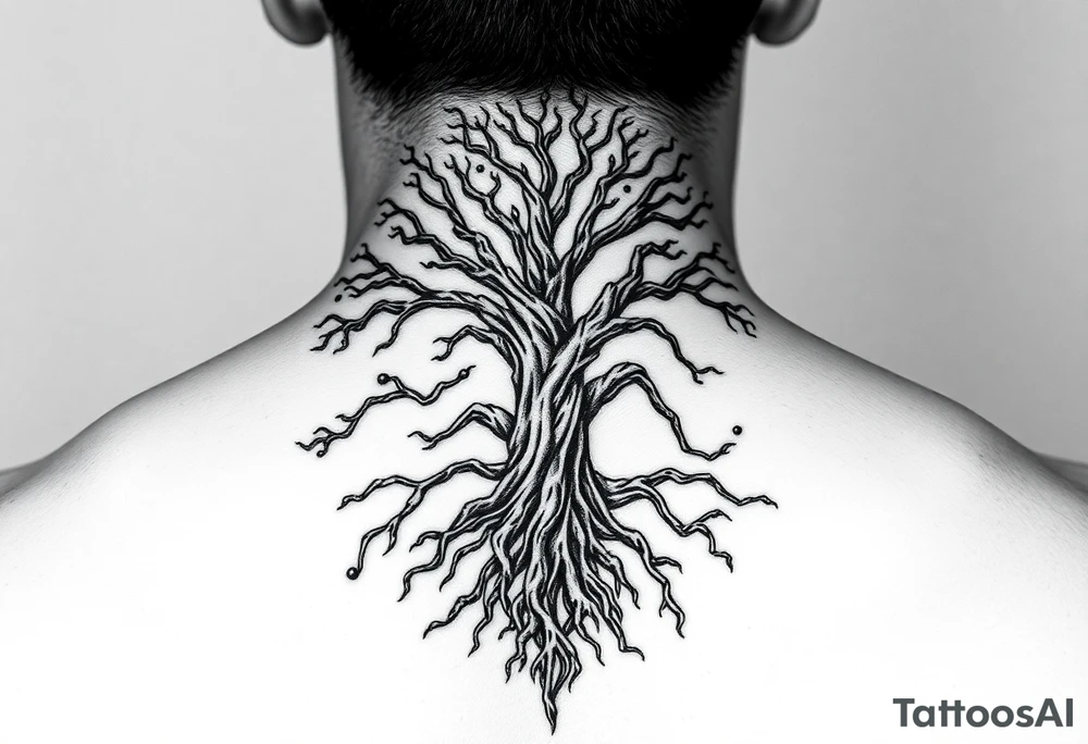 mystical tree of life with cosmic roots and celestial branches tattoo idea