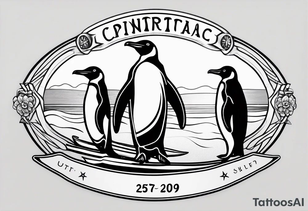 Surfboard outline with a penguin inside and the date 25/07 tattoo idea