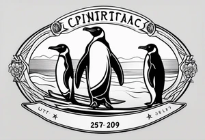 Surfboard outline with a penguin inside and the date 25/07 tattoo idea