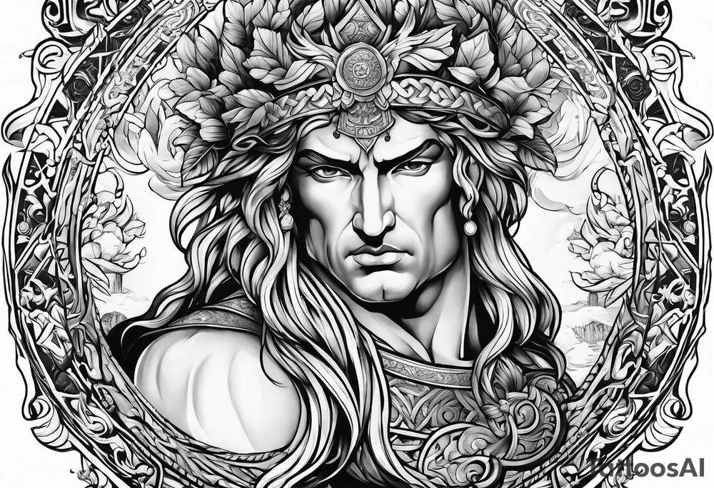 greek god with meander surround tattoo idea