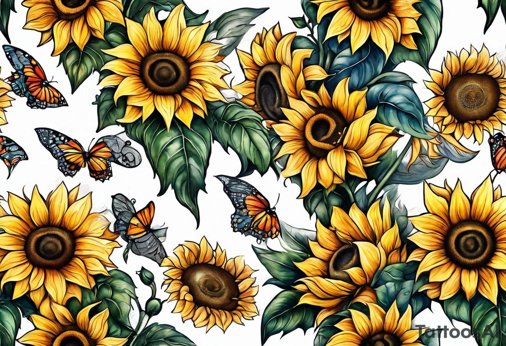 Sunflowers and angel wings leg sleeve tattoo idea