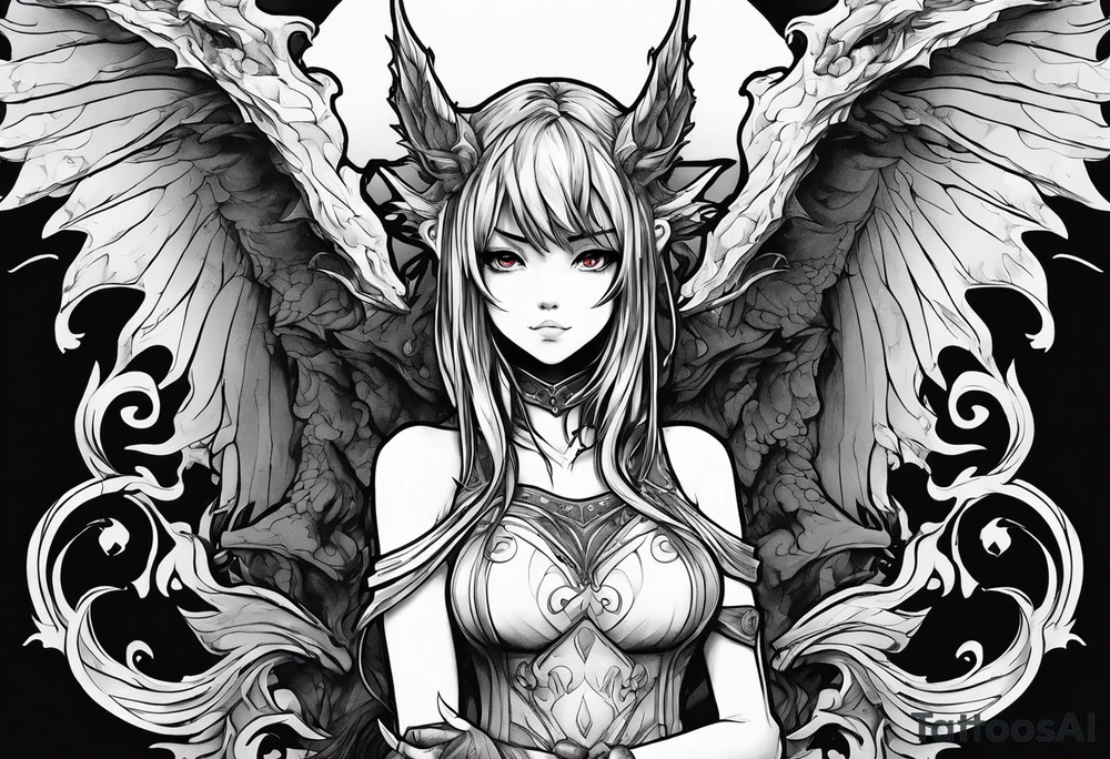 2 dimensional art of a bleeding anime girl threatened by an asian gargoyle tattoo idea