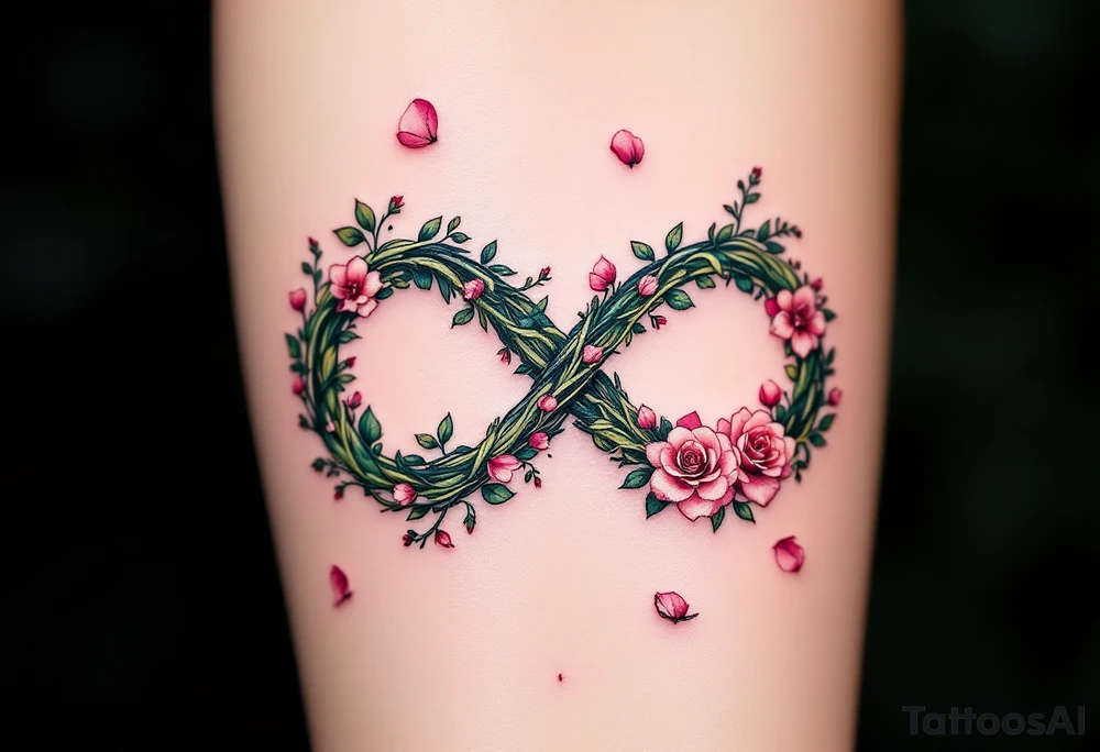 An infinity symbol woven from delicate roses and green vines, with pink petals scattered around. tattoo idea